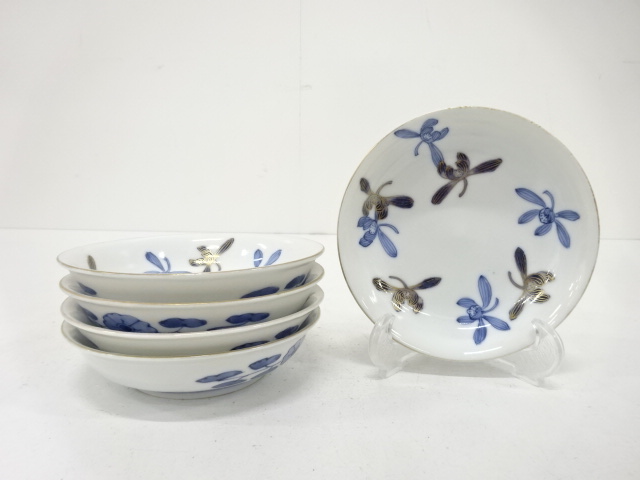 JAPANESE CERAMICS / SMALL PLATE / SET OF 5 / BLUE & WHITE (PORCELAIN) / ORCHID